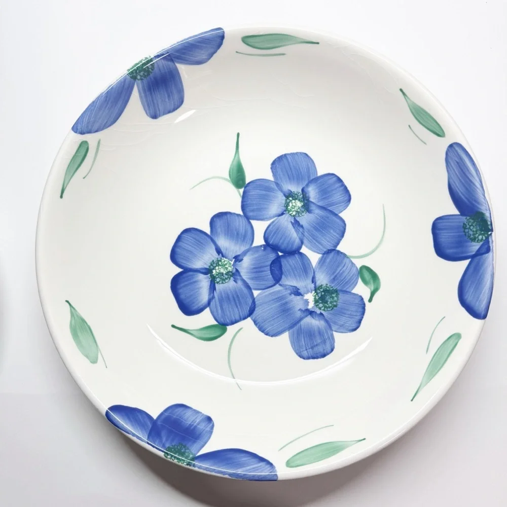 Pier 1 Italian Hand Painted Blue Floral Serving Bowl Set